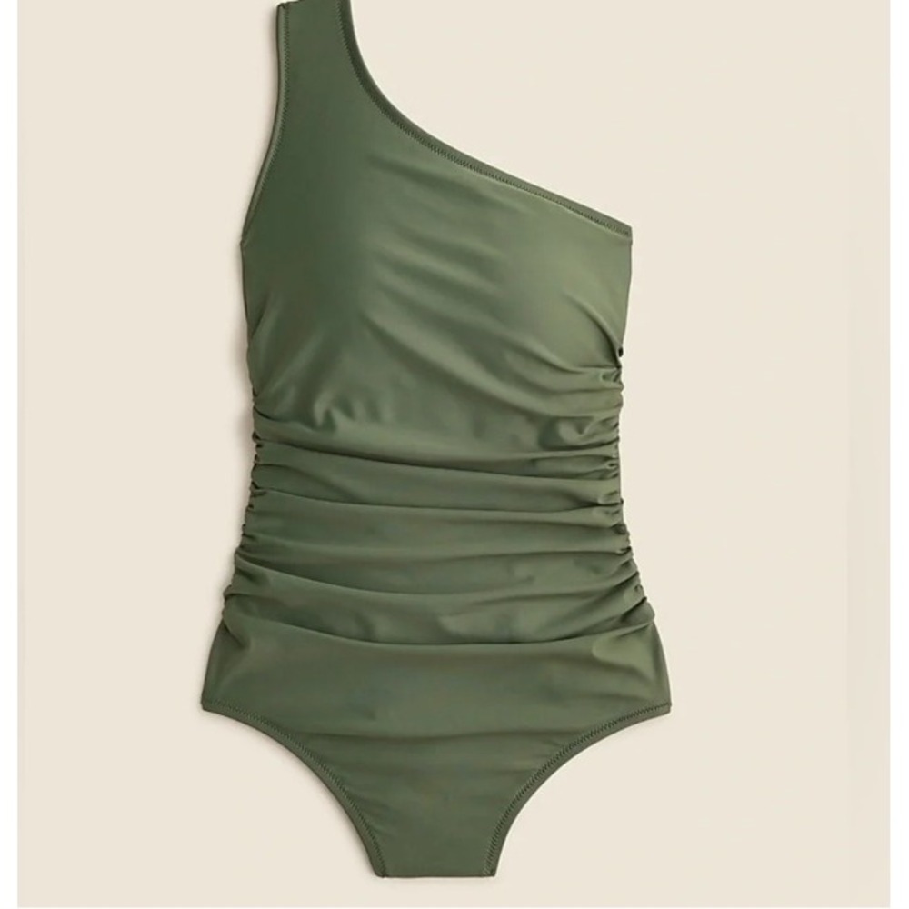 J. Crew Ruched One Shoulder One Piece Swimsuit Women's 18 Green BC108 New